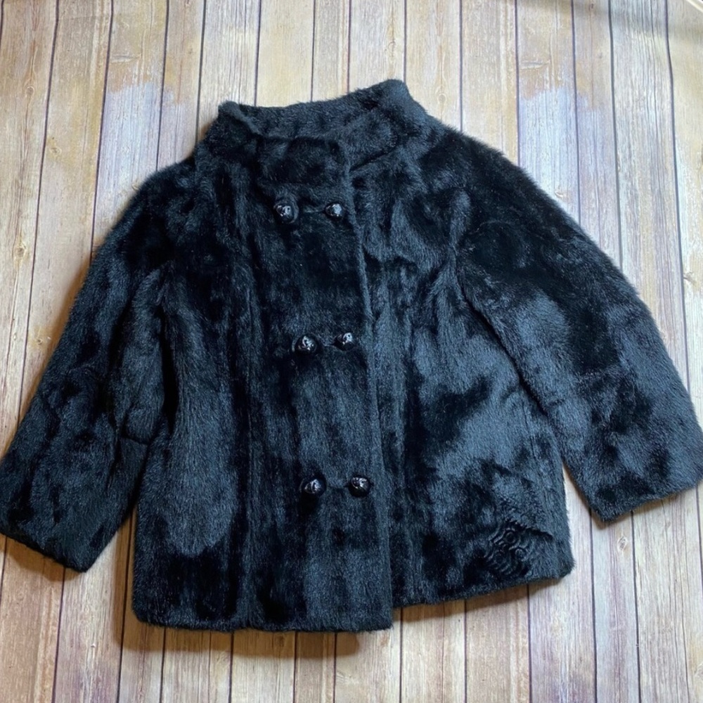 Antique and vintage Winter Faux Fur Coat: Black 1950's 50s Mod Lined Button down